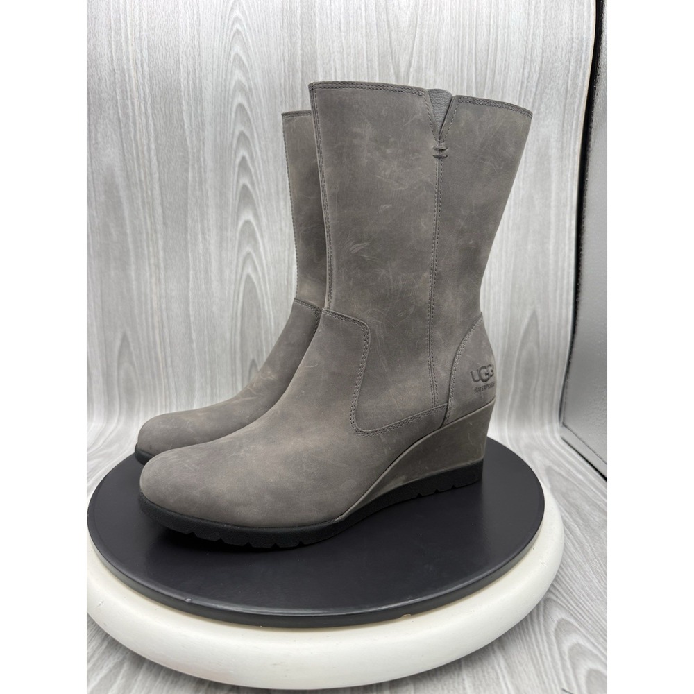 UGG Joely Womens Size 7.5 Gray Leather Zip Waterproof Lined Wedge Boots 1012528
